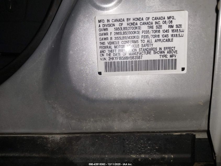 2006 Honda Pilot Ex-L VIN: 2HKYF18566H563587 Lot: 43915363