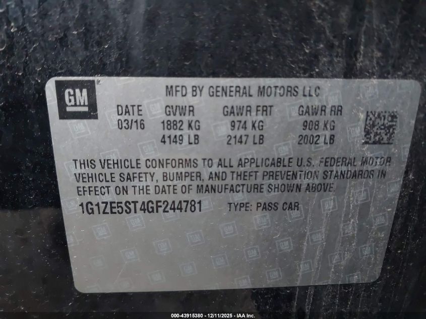2016 Chevrolet Malibu 1Lt VIN: 1G1ZE5ST4GF244781 Lot: 43915380