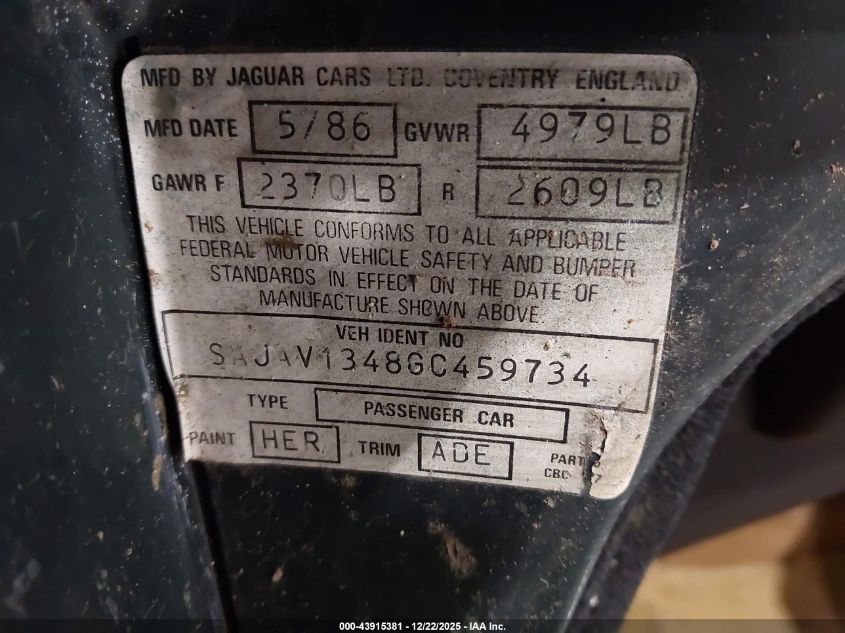 1986 Jaguar Xj6 VIN: SAJAV1348GC459734 Lot: 43915381