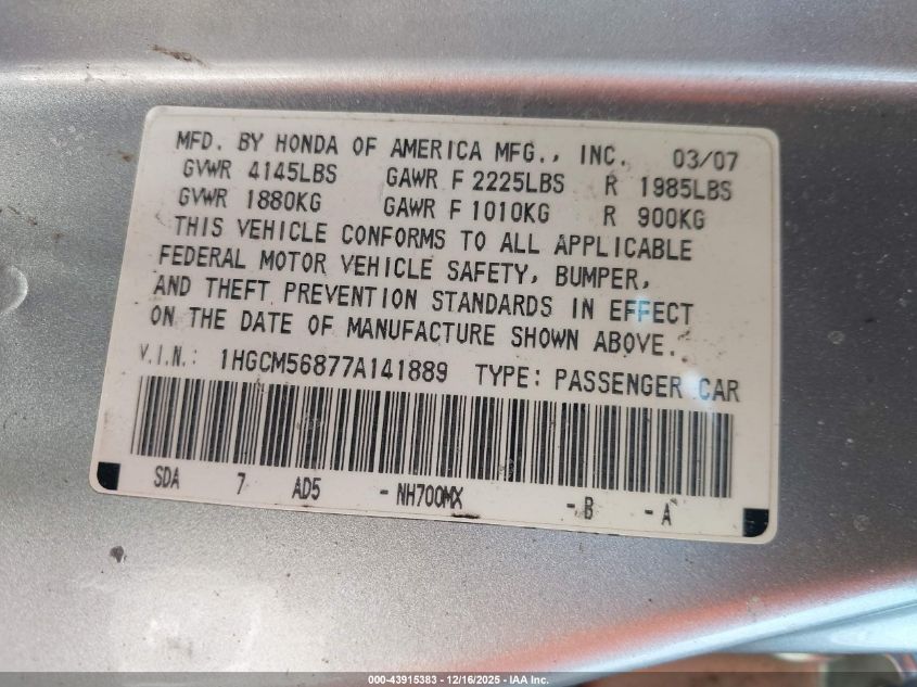 2007 Honda Accord 2.4 Ex VIN: 1HGCM56877A141889 Lot: 43915383