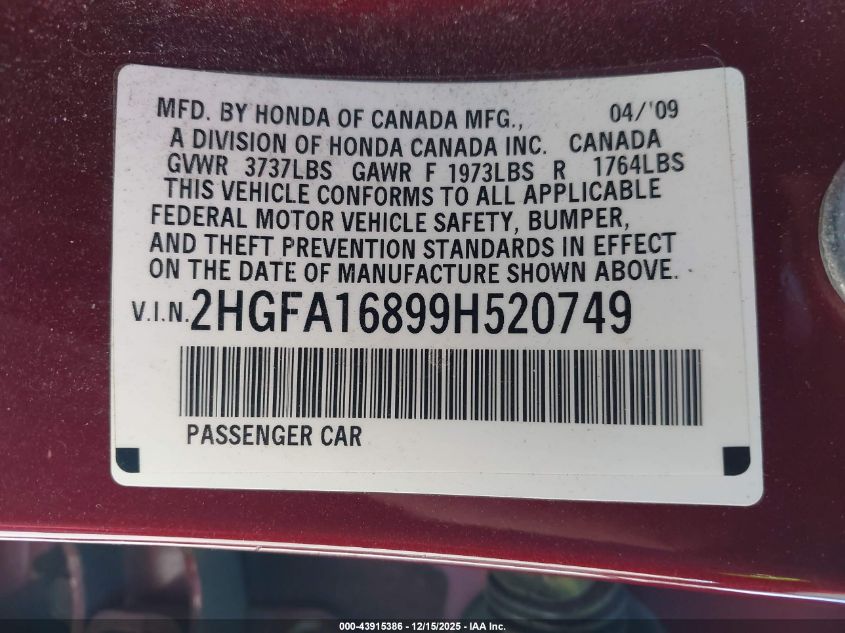 2009 Honda Civic Ex VIN: 2HGFA16899H520749 Lot: 43915386