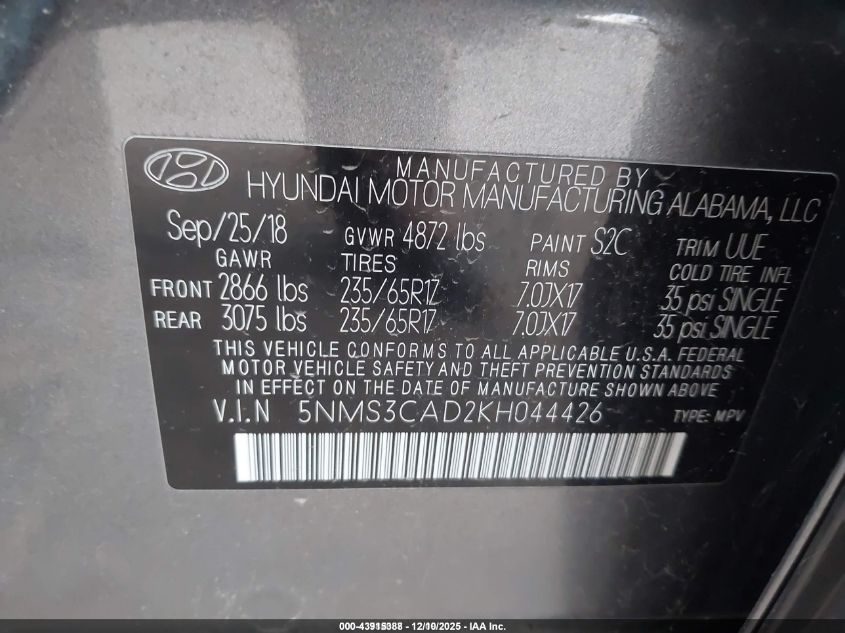 2019 Hyundai Santa Fe Sel VIN: 5NMS3CAD2KH044426 Lot: 43915388