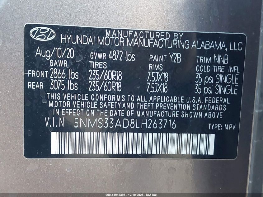 2020 Hyundai Santa Fe Sel VIN: 5NMS33AD8LH263716 Lot: 43915395