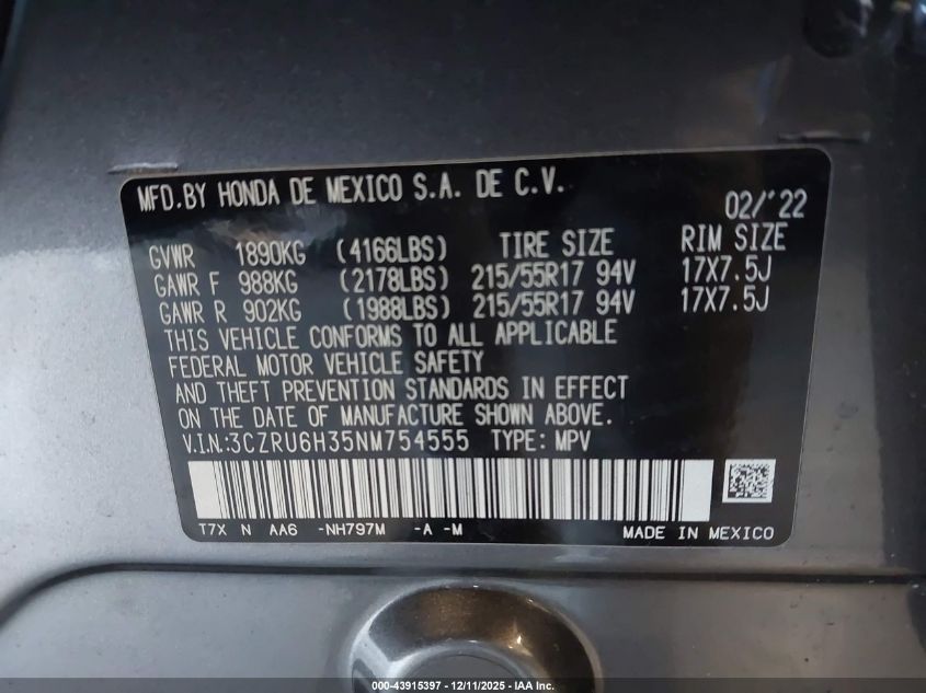 2022 Honda Hr-V Awd Lx VIN: 3CZRU6H35NM754555 Lot: 43915397