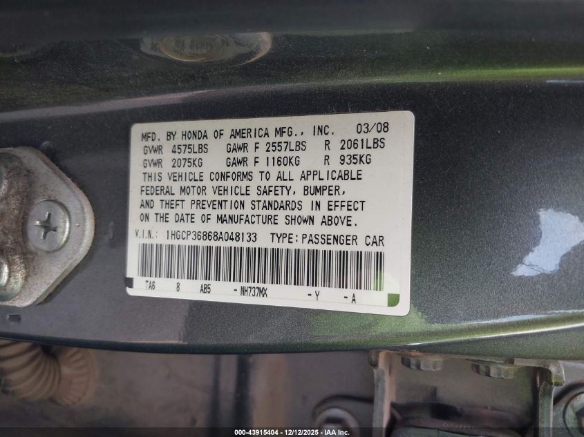 2008 Honda Accord 3.5 Ex-L VIN: 1HGCP36868A048133 Lot: 43915404