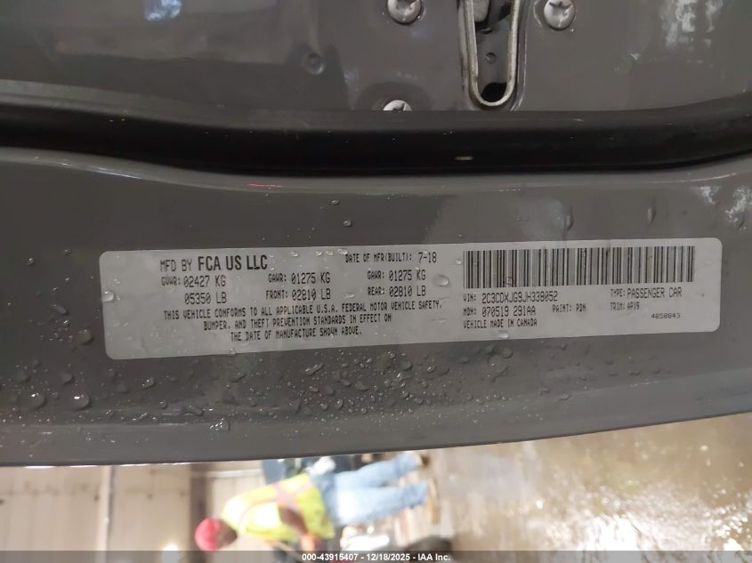 2018 Dodge Charger Gt Awd VIN: 2C3CDXJG9JH338052 Lot: 43915407