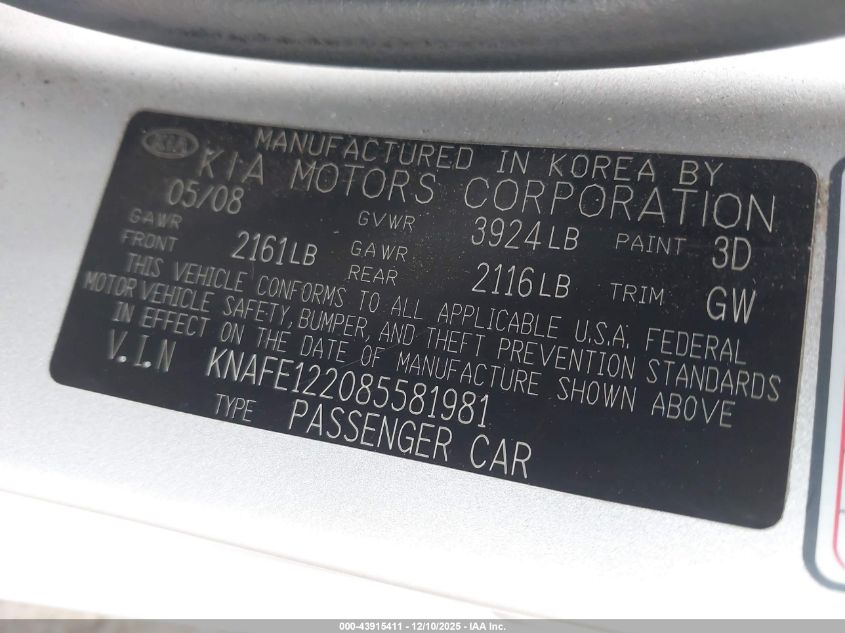 2008 Kia Spectra Ex VIN: KNAFE122085581981 Lot: 43915411