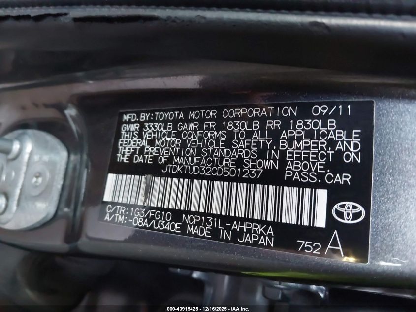 2012 Toyota Yaris L VIN: JTDKTUD32CD501237 Lot: 43915425