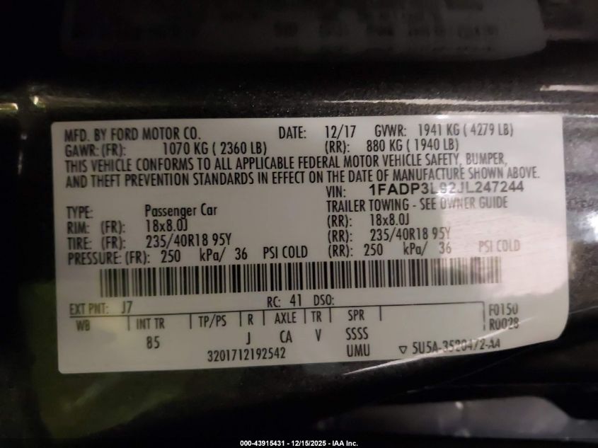 2018 Ford Focus St VIN: 1FADP3L92JL247244 Lot: 43915431