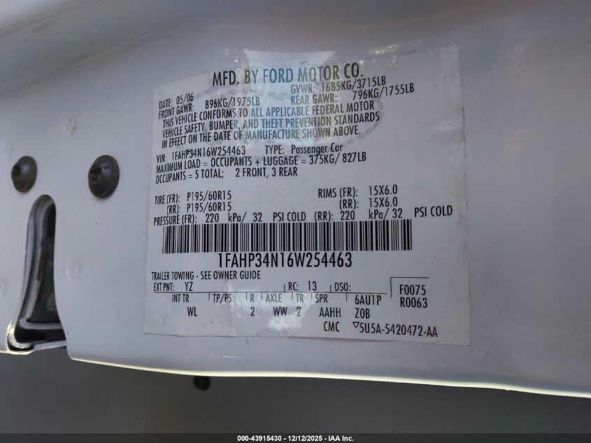 2006 Ford Focus Zx4 VIN: 1FAHP34N16W254463 Lot: 43915430