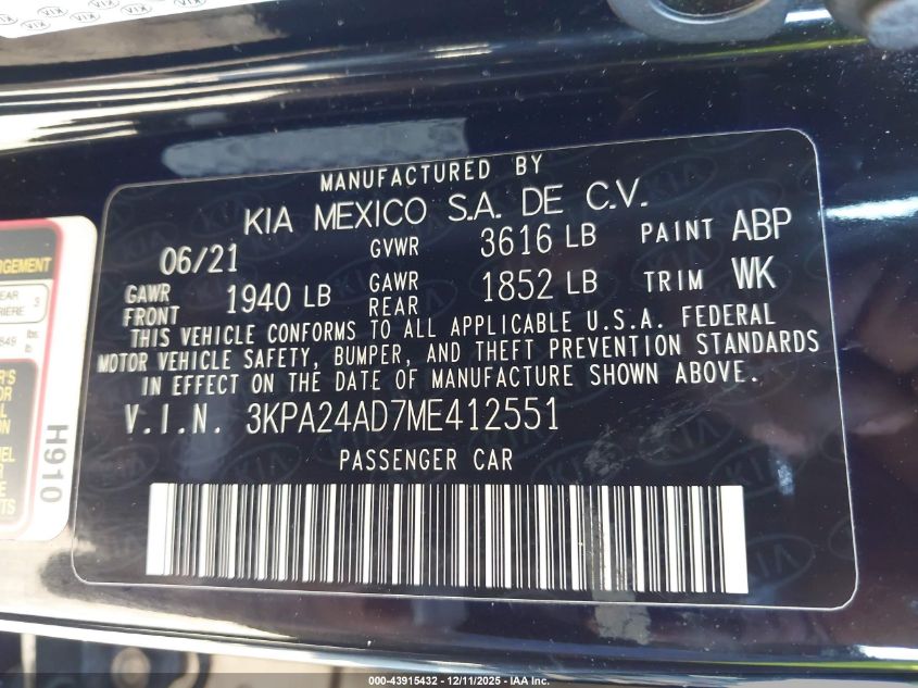 2021 Kia Rio Lx VIN: 3KPA24AD7ME412551 Lot: 43915432