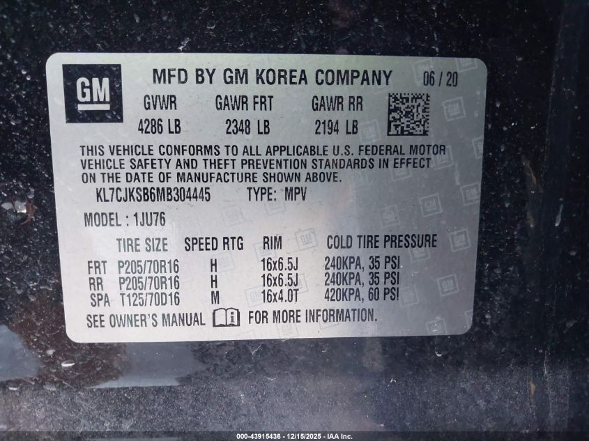 2021 Chevrolet Trax Fwd Ls VIN: KL7CJKSB6MB304445 Lot: 43915436