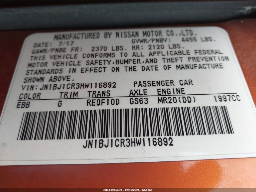 2017 Nissan Rogue Sport Sv VIN: JN1BJ1CR3HW116892 Lot: 43915439