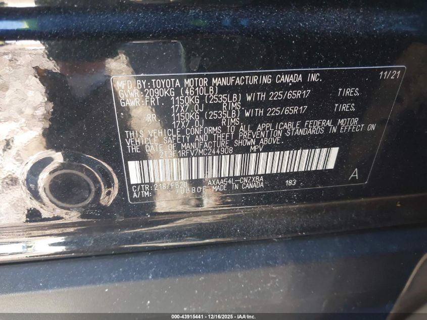 2021 Toyota Rav4 Le VIN: 2T3F1RFV7MC244908 Lot: 43915441