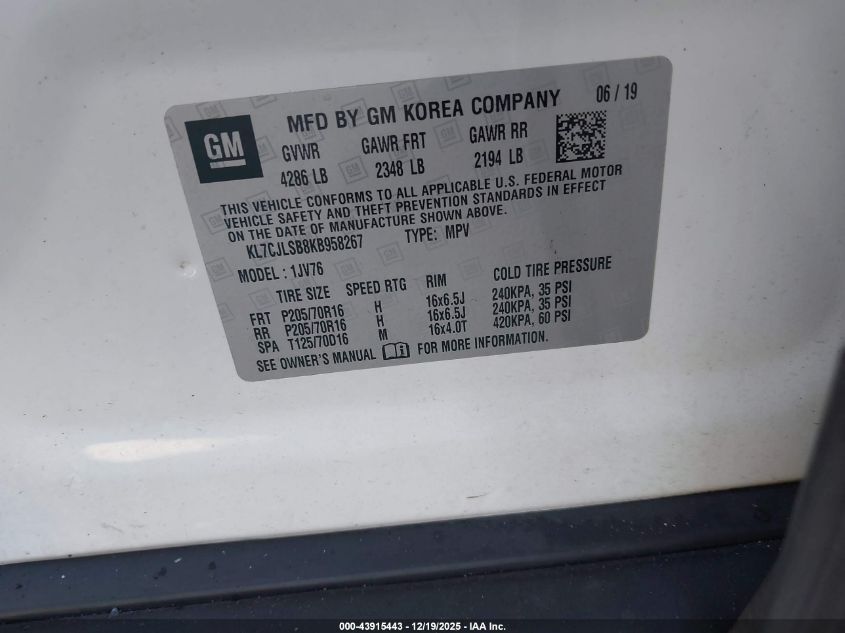 2019 Chevrolet Trax Lt VIN: KL7CJLSB8KB958267 Lot: 43915443