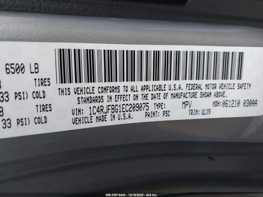 2014 Jeep Grand Cherokee Limited VIN: 1C4RJFBG1EC209075 Lot: 43915448
