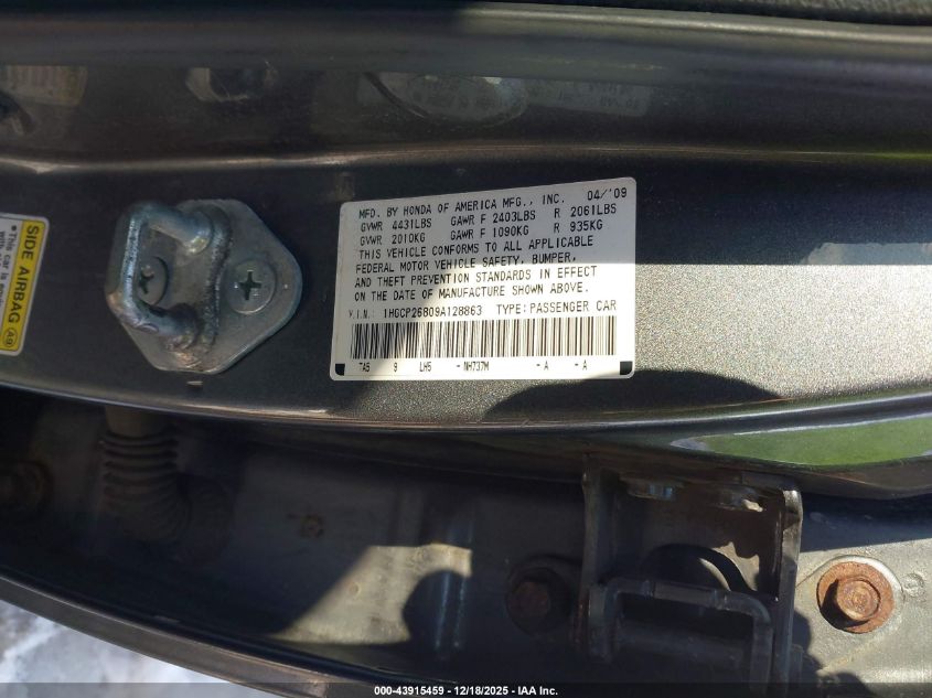2009 Honda Accord 2.4 Ex-L VIN: 1HGCP26809A128863 Lot: 43915459