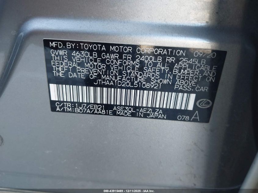 2020 Lexus Is 300 VIN: JTHAA1D20L5108921 Lot: 43915469