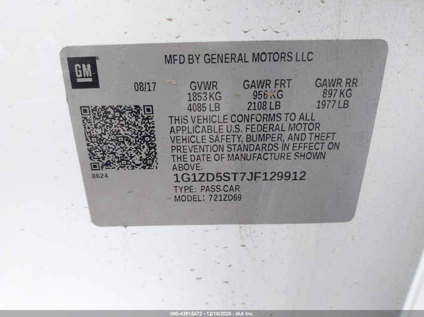 2018 Chevrolet Malibu Lt VIN: 1G1ZD5ST7JF129912 Lot: 43915472