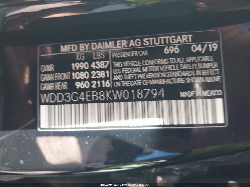 2019 Mercedes-Benz A 220 VIN: WDD3G4EB8KW018794 Lot: 43915476