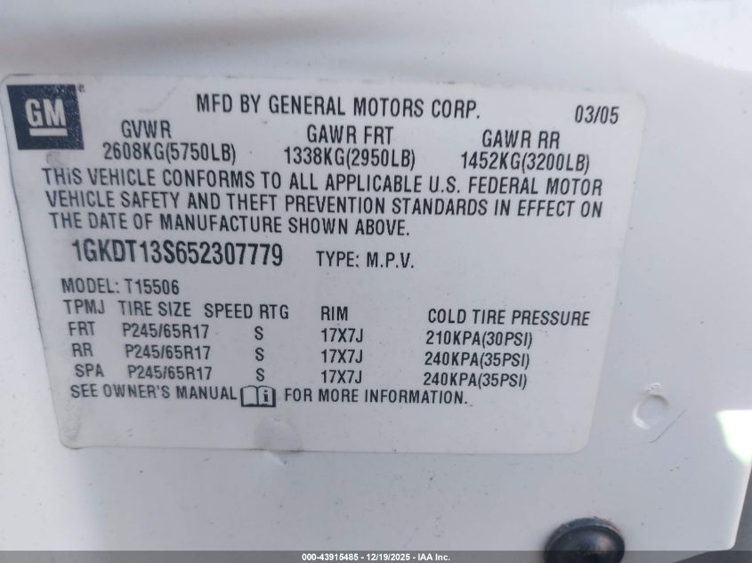 2005 GMC Envoy Slt VIN: 1GKDT13S652307779 Lot: 43915485
