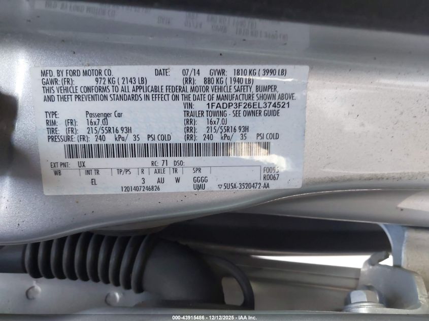 2014 Ford Focus Se VIN: 1FADP3F26EL374521 Lot: 43915486