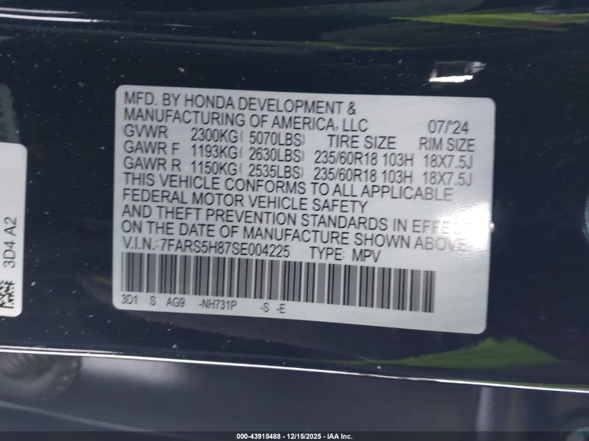 2025 Honda Cr-V Hybrid Sport-L VIN: 7FARS5H87SE004225 Lot: 43915488