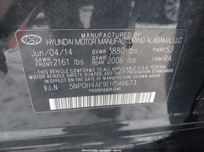 2014 Hyundai Elantra Se VIN: 5NPDH4AE9EH546673 Lot: 43915496