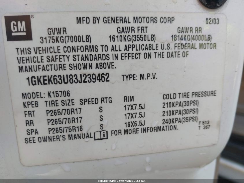 2003 GMC Yukon Denali VIN: 1GKEK63U83J239462 Lot: 43915499