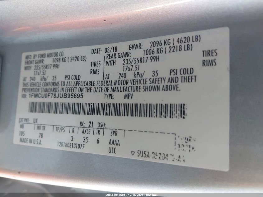 2018 Ford Escape S VIN: 1FMCU0F78JUB95695 Lot: 43915501