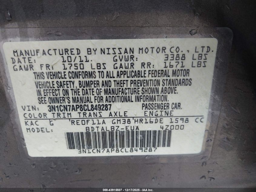 2012 Nissan Versa 1.6 Sv VIN: 3N1CN7AP8CL849287 Lot: 43915507