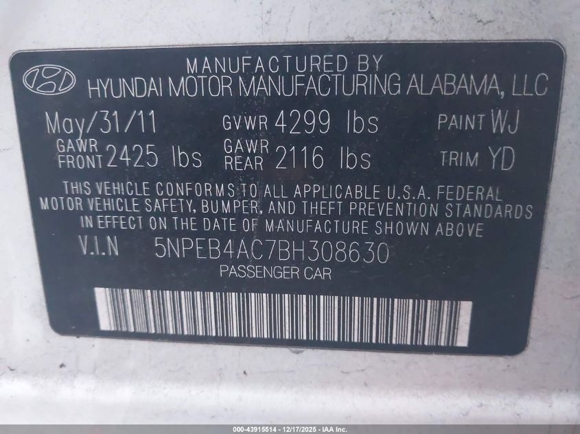 2011 Hyundai Sonata Gls VIN: 5NPEB4AC7BH308630 Lot: 43915514