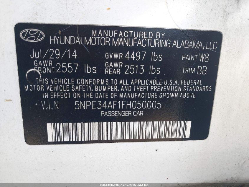 2015 Hyundai Sonata Sport VIN: 5NPE34AF1FH050005 Lot: 43915516