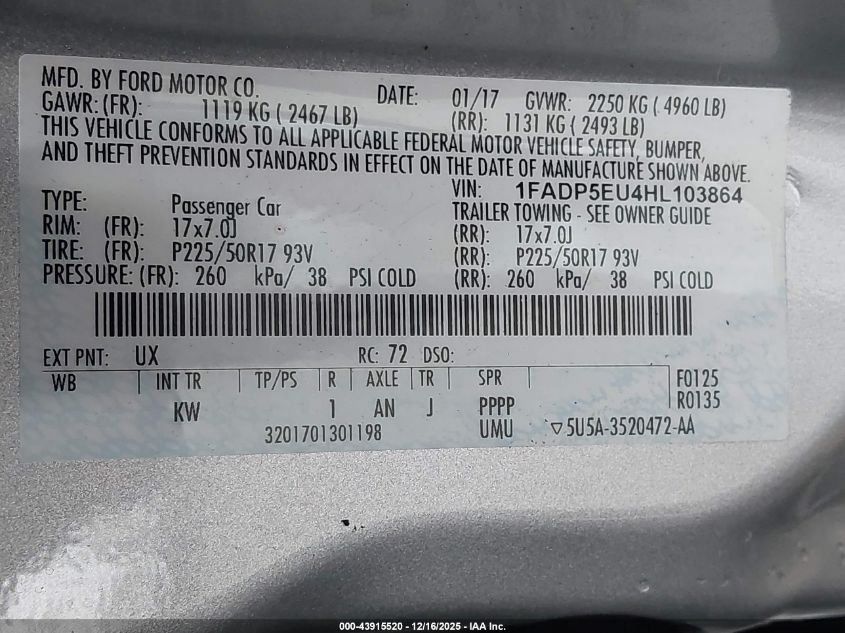 2017 Ford C-Max Energi Se VIN: 1FADP5EU4HL103864 Lot: 43915520