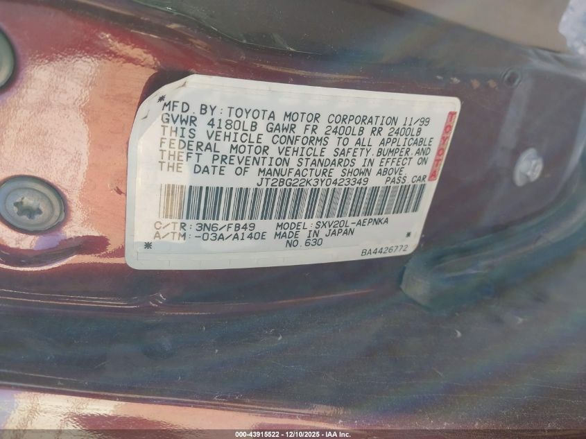 2000 Toyota Camry Le VIN: JT2BG22K3Y0423349 Lot: 43915522