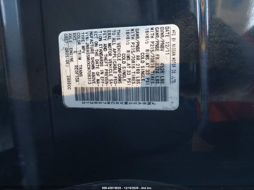 2012 Nissan Rogue S VIN: JN8AS5MVXCW708313 Lot: 43915525