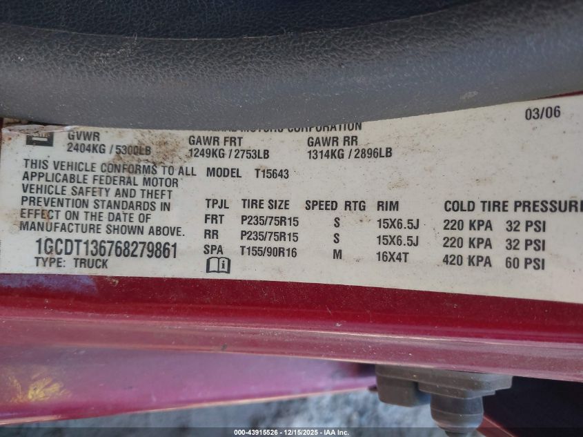 2006 Chevrolet Colorado Lt VIN: 1GCDT136768279861 Lot: 43915526