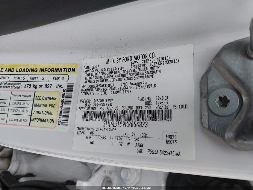 3LN6L5E99HR654833 2017 LINCOLN MKZ photo no. 9