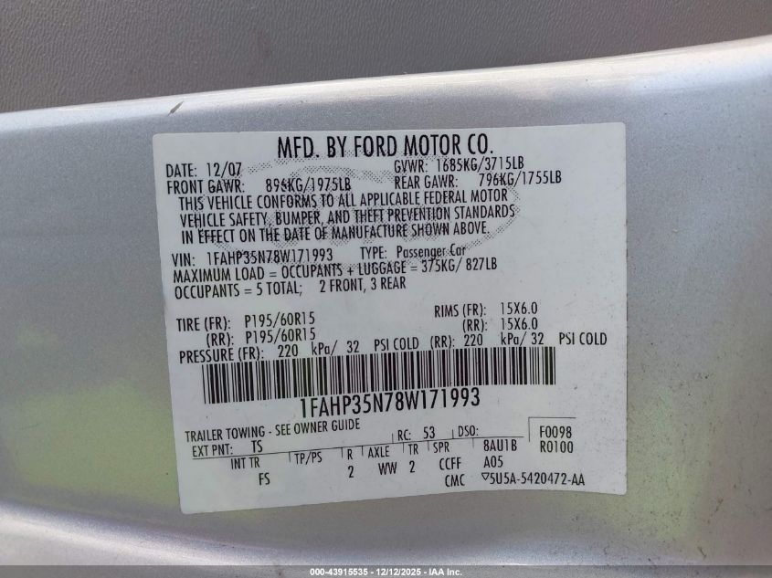 2008 Ford Focus Se/Ses VIN: 1FAHP35N78W171993 Lot: 43915535