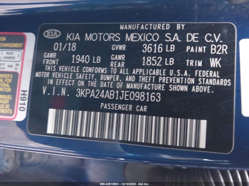 2018 Kia Rio S VIN: 3KPA24AB1JE098163 Lot: 43915551