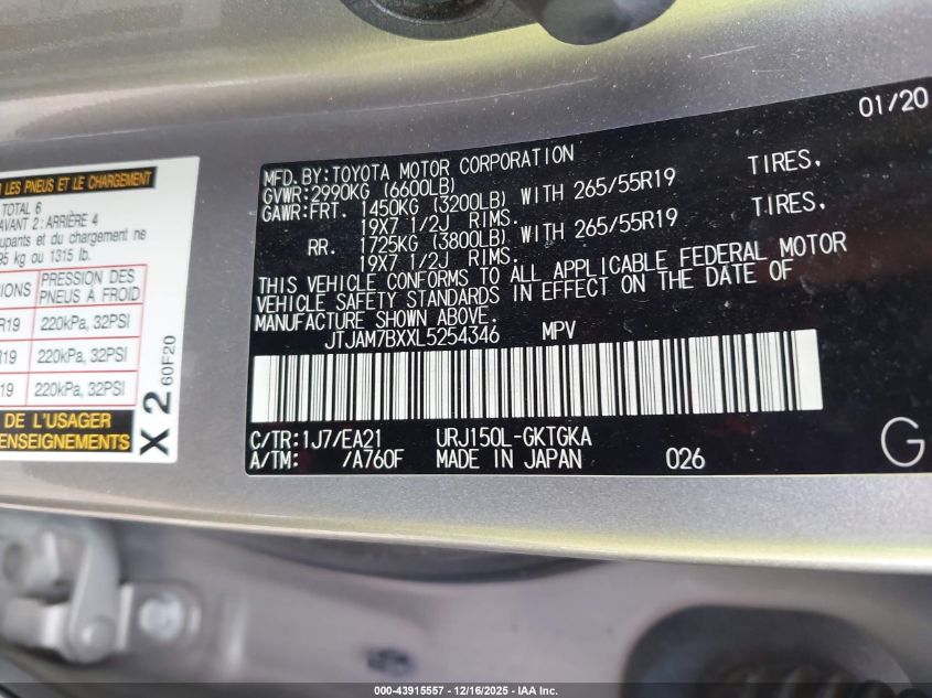 2020 Lexus Gx 460 Premium VIN: JTJAM7BXXL5254346 Lot: 43915557