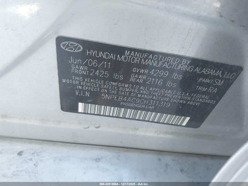 2012 Hyundai Sonata Gls VIN: 5NPEB4AC9CH311319 Lot: 43915564