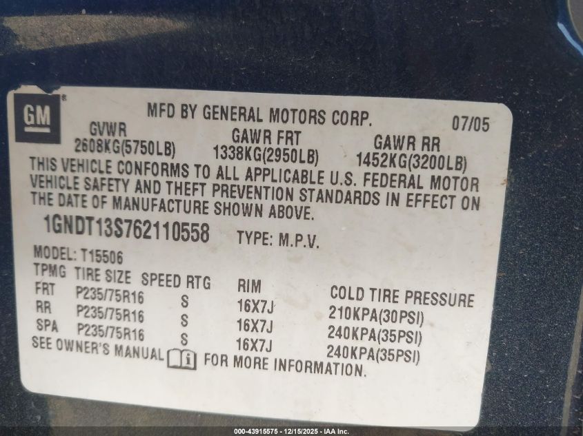 2006 Chevrolet Trailblazer Ls VIN: 1GNDT13S762110558 Lot: 43915575