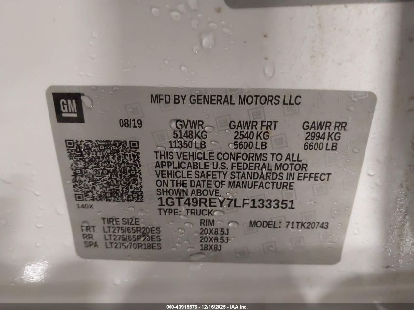 2020 GMC Sierra 2500Hd 4Wd Standard Bed Denali VIN: 1GT49REY7LF133351 Lot: 43915576