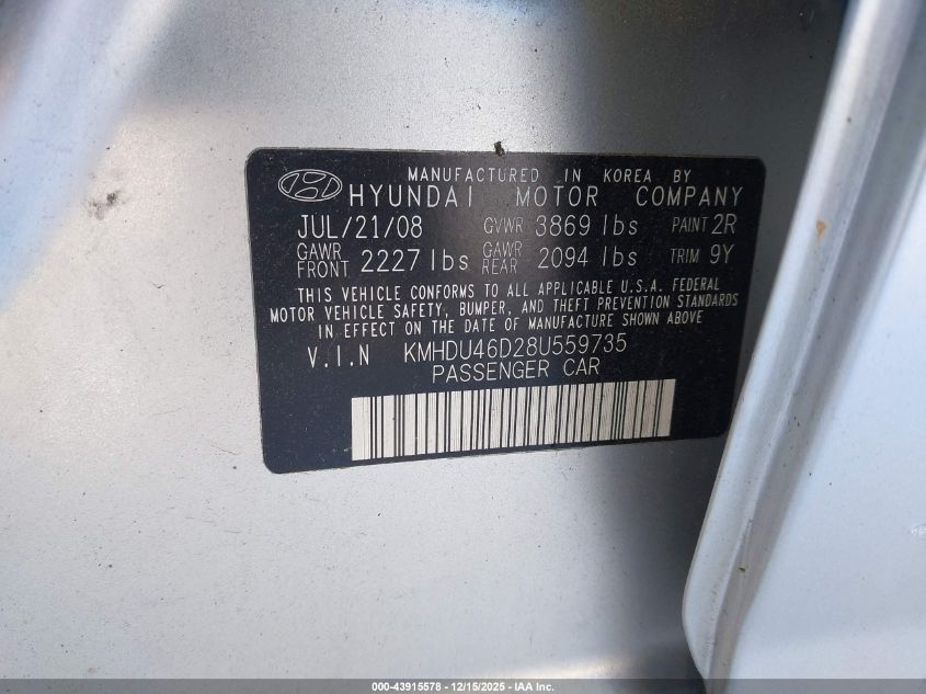 2008 Hyundai Elantra Gls/Se VIN: KMHDU46D28U559735 Lot: 43915578