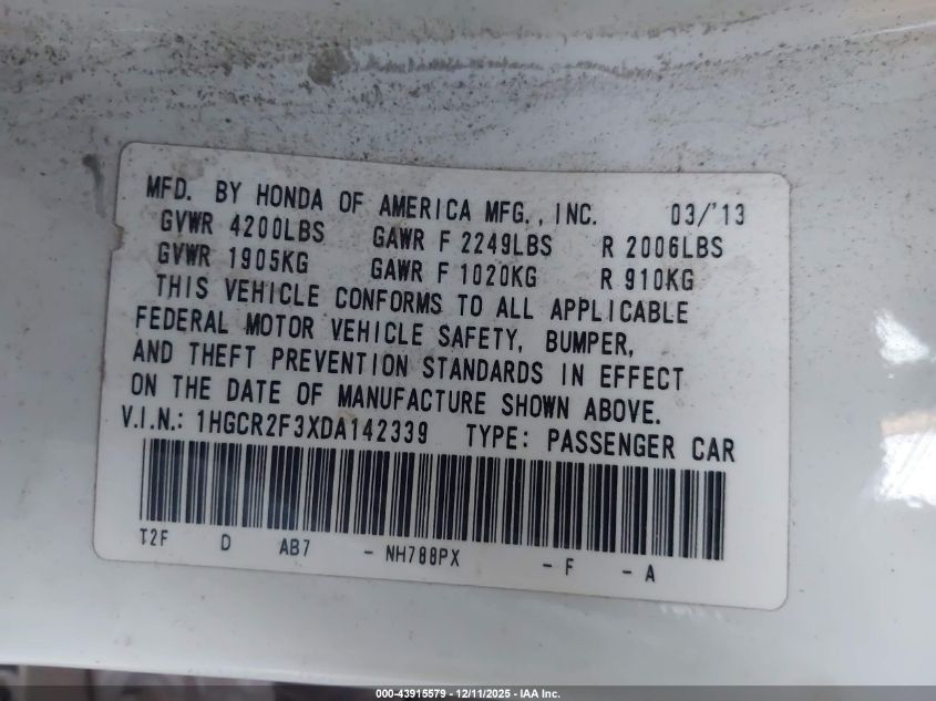 2013 Honda Accord Lx VIN: 1HGCR2F3XDA142339 Lot: 43915579