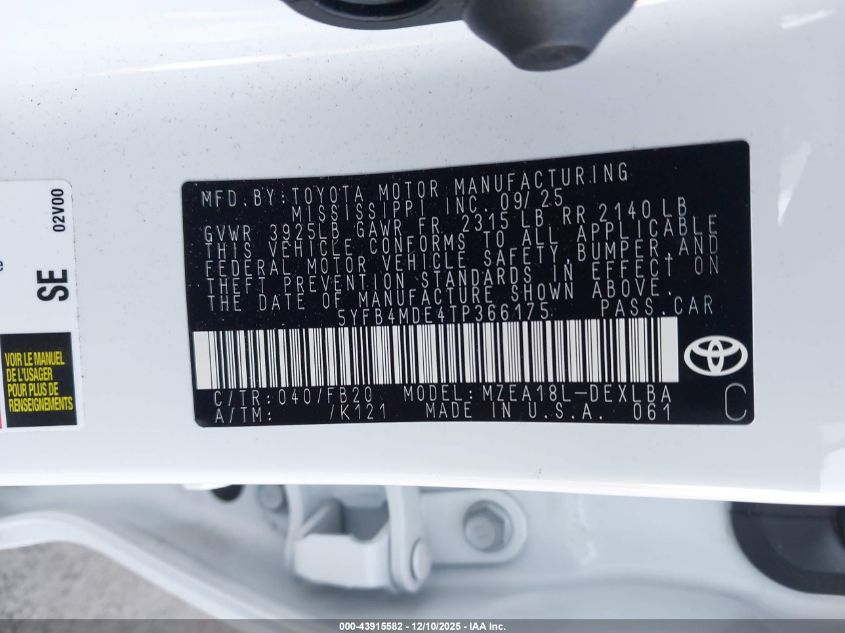 2026 Toyota Corolla Le VIN: 5YFB4MDE4TP366175 Lot: 43915582