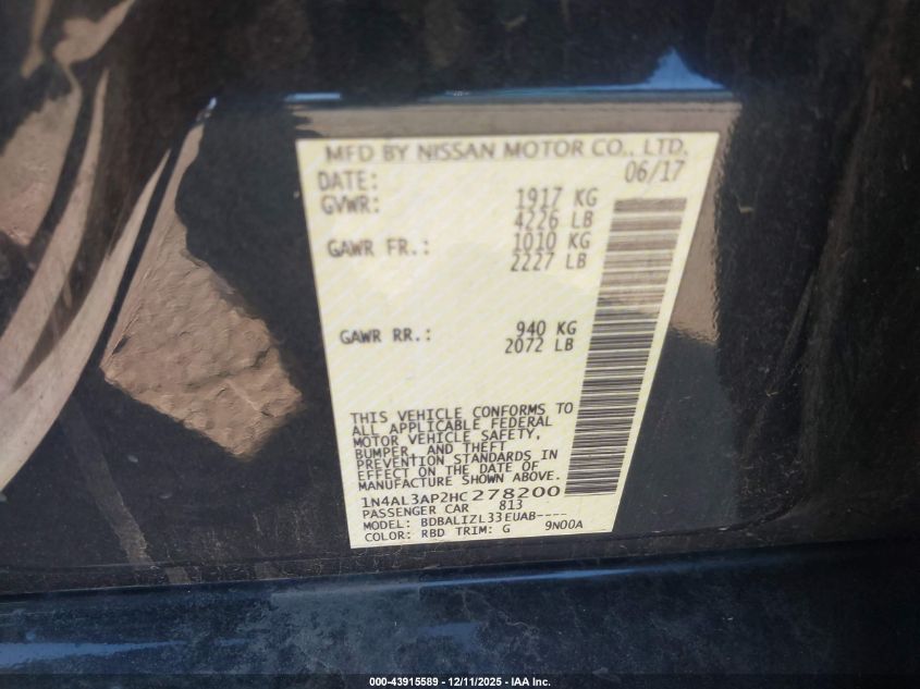 2017 Nissan Altima 2.5 Sv VIN: 1N4AL3AP2HC278200 Lot: 43915589