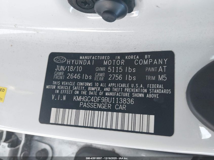 2011 Hyundai Genesis 4.6 VIN: KMHGC4DF9BU113836 Lot: 43915597