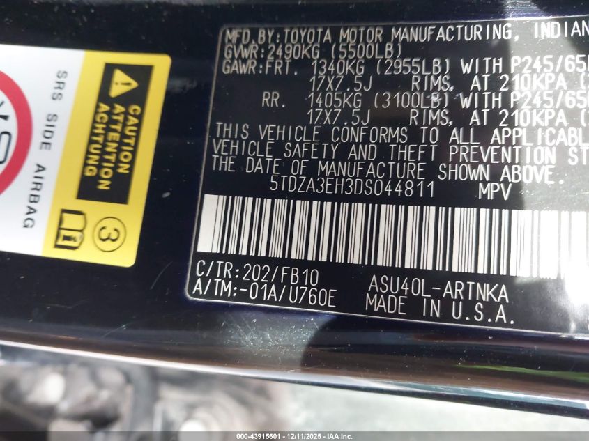 2013 Toyota Highlander VIN: 5TDZA3EH3DS044811 Lot: 43915601